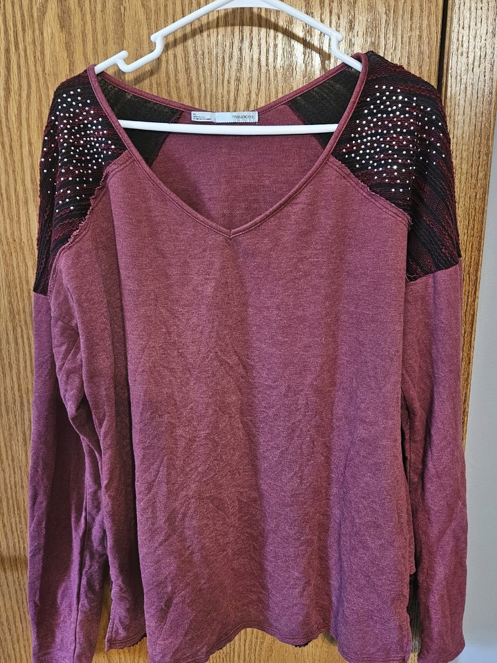 Maurices Burgundy V-Neck Long Sleeve Top with Studded Mesh Shoulders